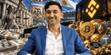 Ariel Vallejo en primer plano. En el fondo: billetes de dólares, logo de Binance, logo de la AFA e imagen representativa de la Justicia de Argentina.