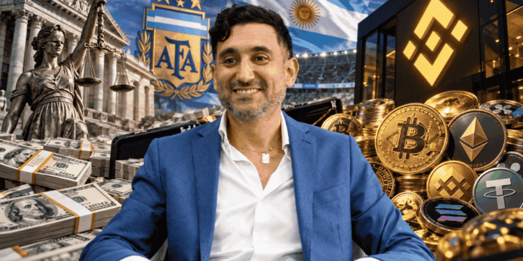 Ariel Vallejo en primer plano. En el fondo: billetes de dólares, logo de Binance, logo de la AFA e imagen representativa de la Justicia de Argentina.
