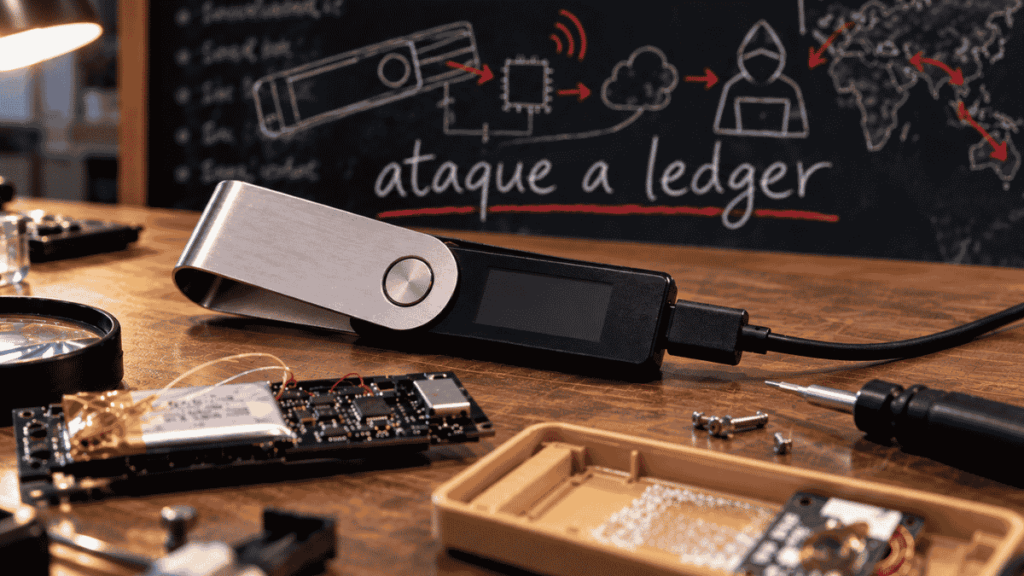 Primer plano: hardware wallet Ledger. Fondo: pizarra donde se lee "ataque a ledger"