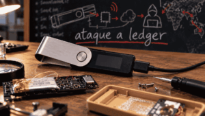 Primer plano: hardware wallet Ledger. Fondo: pizarra donde se lee "ataque a ledger"