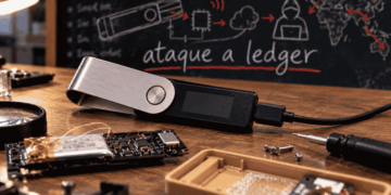 Primer plano: hardware wallet Ledger. Fondo: pizarra donde se lee "ataque a ledger"