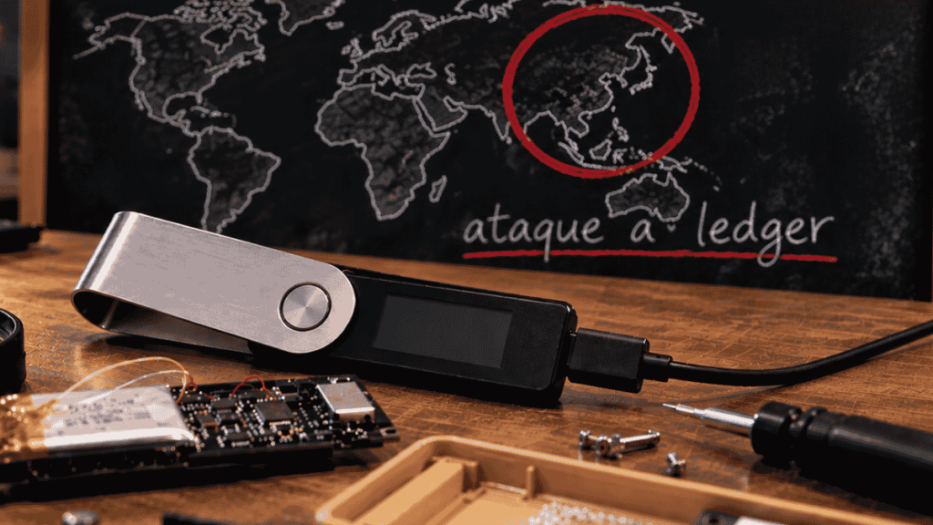 Primer plano: wallet ledger. En el fondo: pizarra con mapa mundial y asia dentro de un círculo rojo.