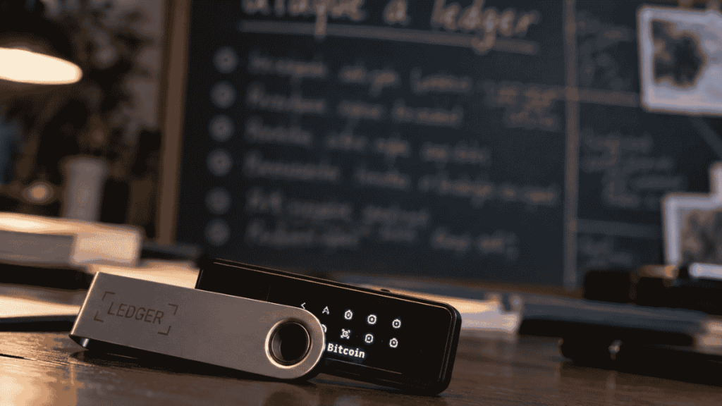 Primer plano: hardware wallet Ledger. Fondo: pizarra donde se lee "ataque a ledger"