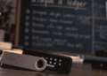 Primer plano: hardware wallet Ledger. Fondo: pizarra donde se lee "ataque a ledger"