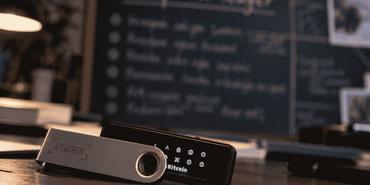 Primer plano: hardware wallet Ledger. Fondo: pizarra donde se lee "ataque a ledger"