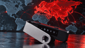 Primer plano: dispositivo Ledger. En el fondo: mapa mundial con Europa y Asia pintadas de rojo.
