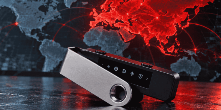 Primer plano: dispositivo Ledger. En el fondo: mapa mundial con Europa y Asia pintadas de rojo.