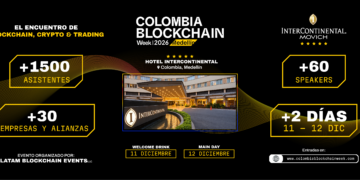Banner promocional de Colombia Blockchain Week 2026 en Medellín, con imagen del Hotel InterContinental, cifras de asistentes, speakers y empresas, y fechas del 11 y 12 de diciembre.