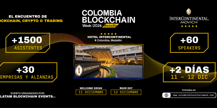 Banner promocional de Colombia Blockchain Week 2026 en Medellín, con imagen del Hotel InterContinental, cifras de asistentes, speakers y empresas, y fechas del 11 y 12 de diciembre.