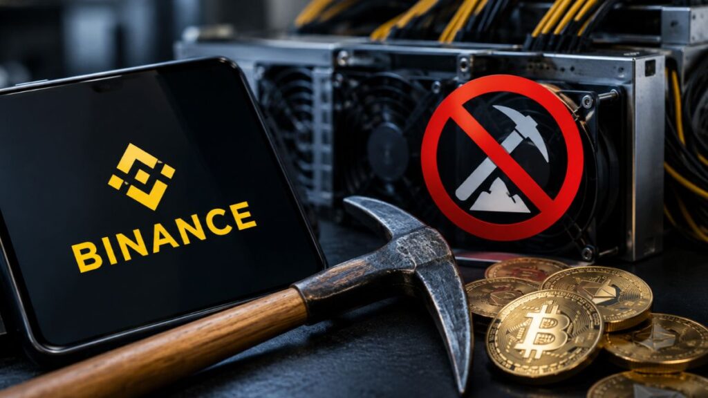 Tablet con el logo de Binance junto a monedas de bitcoin y criptomonedas, un pico y un símbolo de prohibido sobre un equipo de minería.