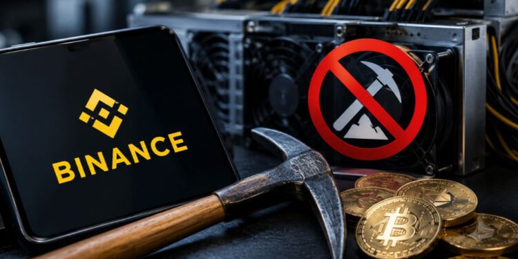 Tablet con el logo de Binance junto a monedas de bitcoin y criptomonedas, un pico y un símbolo de prohibido sobre un equipo de minería.