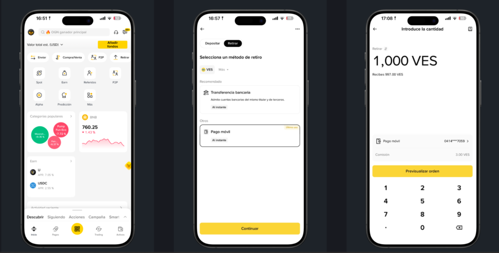 Proceso paso a paso para retirar bolívares mediante Pago Móvil en la aplicación de Binance.