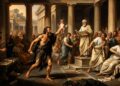 A ragged barefoot cynic philosopher in a torn cloak bursting into the courtyard of an ancient Greek academy, triumphantly holding a fully plucked chicken above his head, robed students turning in shock, a dignified philosopher frozen mid-lecture, warm amber sunlight cutting through marble columns, deep blue shadows, Baroque painting style, dramatic chiaroscuro