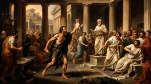 A ragged barefoot cynic philosopher in a torn cloak bursting into the courtyard of an ancient Greek academy, triumphantly holding a fully plucked chicken above his head, robed students turning in shock, a dignified philosopher frozen mid-lecture, warm amber sunlight cutting through marble columns, deep blue shadows, Baroque painting style, dramatic chiaroscuro