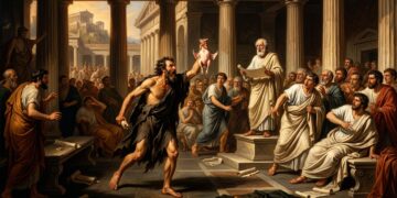 A ragged barefoot cynic philosopher in a torn cloak bursting into the courtyard of an ancient Greek academy, triumphantly holding a fully plucked chicken above his head, robed students turning in shock, a dignified philosopher frozen mid-lecture, warm amber sunlight cutting through marble columns, deep blue shadows, Baroque painting style, dramatic chiaroscuro