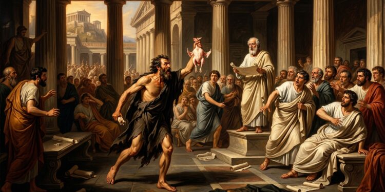 A ragged barefoot cynic philosopher in a torn cloak bursting into the courtyard of an ancient Greek academy, triumphantly holding a fully plucked chicken above his head, robed students turning in shock, a dignified philosopher frozen mid-lecture, warm amber sunlight cutting through marble columns, deep blue shadows, Baroque painting style, dramatic chiaroscuro