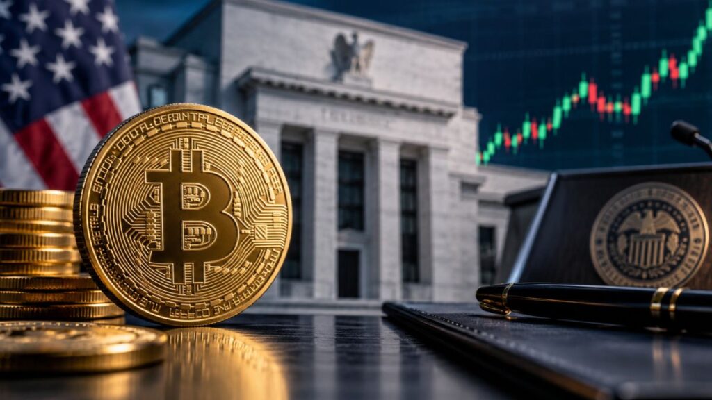 Moneda dorada de Bitcoin frente al edificio de la Reserva Federal de EE. UU. con una gráfica financiera alcista de fondo.