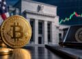 Moneda dorada de Bitcoin frente al edificio de la Reserva Federal de EE. UU. con una gráfica financiera alcista de fondo.