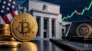 Moneda dorada de Bitcoin frente al edificio de la Reserva Federal de EE. UU. con una gráfica financiera alcista de fondo.