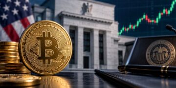 Moneda dorada de Bitcoin frente al edificio de la Reserva Federal de EE. UU. con una gráfica financiera alcista de fondo.