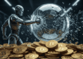 Una burbuja de IA explotando y monedas de BTC.