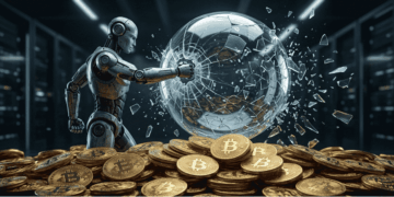 Una burbuja de IA explotando y monedas de BTC.