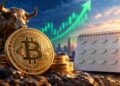 Moneda física de bitcoin junto a una estatua de toro, un calendario con flechas verdes y un gráfico financiero alcista al atardecer.