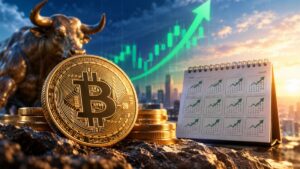 Moneda física de bitcoin junto a una estatua de toro, un calendario con flechas verdes y un gráfico financiero alcista al atardecer.