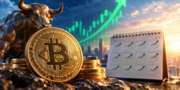 Moneda física de bitcoin junto a una estatua de toro, un calendario con flechas verdes y un gráfico financiero alcista al atardecer.