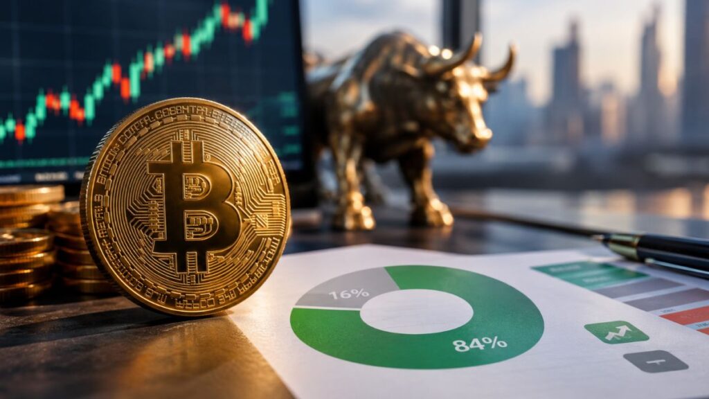 Moneda dorada de bitcoin junto a un gráfico de mercado, reporte financiero y estatua de toro dorado de Wall Street.
