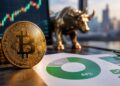 Moneda dorada de bitcoin junto a un gráfico de mercado, reporte financiero y estatua de toro dorado de Wall Street.