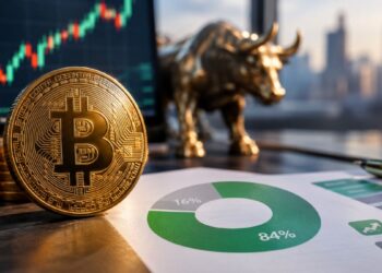 Moneda dorada de bitcoin junto a un gráfico de mercado, reporte financiero y estatua de toro dorado de Wall Street.