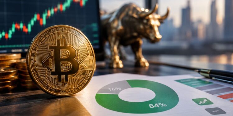 Moneda dorada de bitcoin junto a un gráfico de mercado, reporte financiero y estatua de toro dorado de Wall Street.