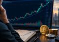 Persona analizando un gráfico financiero alcista en una laptop junto a monedas de Bitcoin.