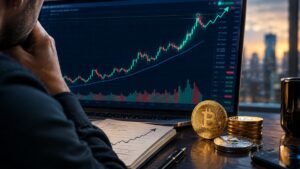 Persona analizando un gráfico financiero alcista en una laptop junto a monedas de Bitcoin.