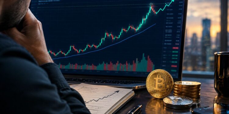 Persona analizando un gráfico financiero alcista en una laptop junto a monedas de Bitcoin.