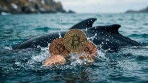 Monedas físicas de Bitcoin emergiendo del agua sobre el lomo de una ballena en el océano.