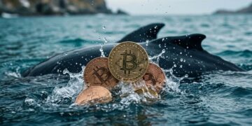 Monedas físicas de Bitcoin emergiendo del agua sobre el lomo de una ballena en el océano.