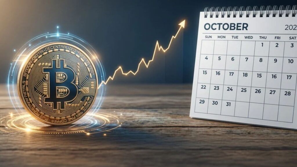 Moneda de Bitcoin junto a un gráfico de tendencia alcista y un calendario de octubre sobre una mesa de madera.
