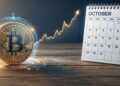Moneda de Bitcoin junto a un gráfico de tendencia alcista y un calendario de octubre sobre una mesa de madera.