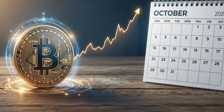 Moneda de Bitcoin junto a un gráfico de tendencia alcista y un calendario de octubre sobre una mesa de madera.