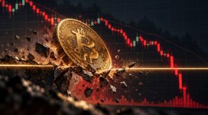 Una moneda física rompiendo piedras; de fondo, un gráfico de precios.