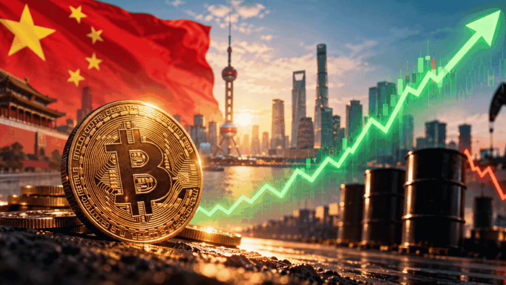 Moneda de bitcoin, bandera de China, gráfico de precio subiendo, barriles de petróleo.
