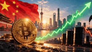 Moneda de bitcoin, bandera de China, gráfico de precio subiendo, barriles de petróleo.