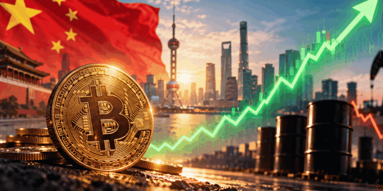 Moneda de bitcoin, bandera de China, gráfico de precio subiendo, barriles de petróleo.