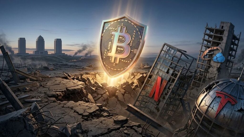 Un paisaje de guerra y en el medio el logo de bitcoin brillante sobre un escudo.