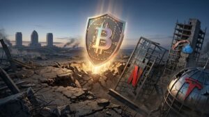 Un paisaje de guerra y en el medio el logo de bitcoin brillante sobre un escudo.