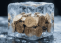 Muchas monedas de bitcoin dentro de un bloque de hielo.
