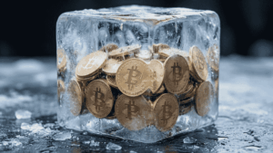 Muchas monedas de bitcoin dentro de un bloque de hielo.