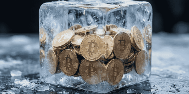 Muchas monedas de bitcoin dentro de un bloque de hielo.